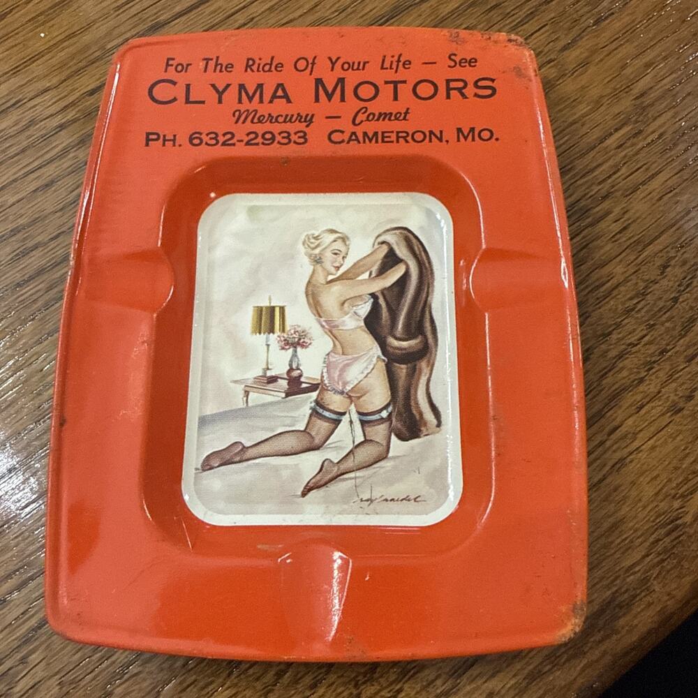 1960s Tin Pin-up Glamour Girl 4.5" Bar Ashtray, Mid-Century VTG Clyma Motors